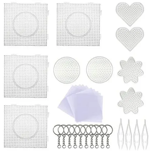 5 mm 10 Pack Fuse Beads Boards Seasonsky Large Round Square Clear Plastic Pegboards with 6 PCS White Beads Tweezers, 10 PCS Ironing Paper and Keychain for Kids Craft Supplies