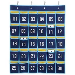 Hipiwe Numbered Classroom Organizer Pocket Chart for Cell Phones Calculator Holders with Hooks (30 Pockets, Blue Pockets)