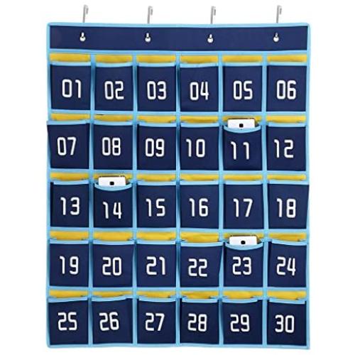 Hipiwe Numbered Classroom Organizer Pocket Chart for Cell Phones Calculator Holders with Hooks (30 Pockets, Blue Pockets)