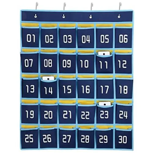 Hipiwe Numbered Classroom Organizer Pocket Chart for Cell Phones Calculator Holders with Hooks (30 Pockets, Blue Pockets)