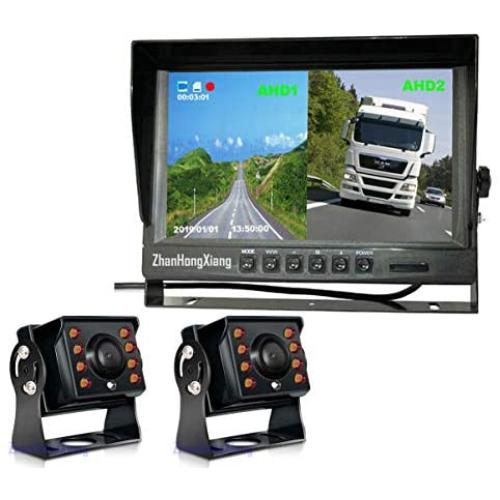 Car Backup Cameras System Build-in DVR Dash Cam,2 x HD 1080P 4Pin Front Rear View Camera ip69 IR Night Vision + 9'' IPS AHD Split Monitor with SD Record 12V~24V for RV Truck Bus Camper Vehicle