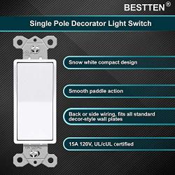 [10 Pack] BESTTEN Single-Pole Snow White Decorator Wall Light Switch, 15A 120V, On/Off Rocker Interrupter, UL Listed