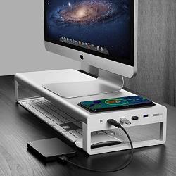 Aluminum Monitor Stand with Wireless Charing Pad and 4 USB 3.0 Ports,Support Transfer Data and Charging,Keyboard and Mouse Storage Desk Organizer up to 27inch for Computer MacBook PC (Silver)