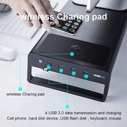 Vaydeer USB3.0 Wireless Charging Aluminum Monitor Stand Riser Support Transfer Data and Charging,Keyboard and Mouse Storage Desk Organizer up to 27inch for Computer MacBook PC (Black）
