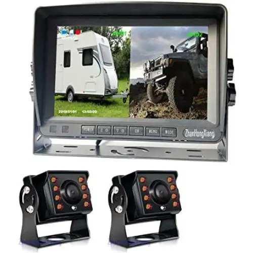Car Backup Cameras System Build-in DVR,2 x HD 1080P 4Pin Front Rear View Camera ip69 IR Night Vision + 7'' IPS HD Split Monitor with SD Record 12V~24V for RV Truck Bus Camper Vehicle