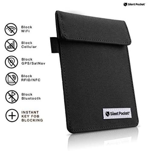 Silent Pocket Signal Blocking Faraday Key Fob Case - Car Anti Theft Device Shielding Against All Signal Types, Including RFID Blocking & Durable Faraday Bag, Fits Most Car Keyfobs (Black, Small)