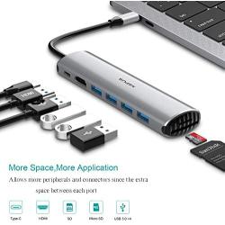 USB C Hub MacBook Pro Adapter - 8 in 1 Portable Aluminum USB C Dongle with USB C Charging, USB C to HDMI, 4 USB 3.0 Ports, SD/TF Card Reader, Compatible for MacBook Pro and More Type C Devices