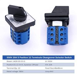 Taiss Universal Changeover Switch 20A 550V 5 Position 12 Terminals Latching Rotary Cam Selector Switch + SV2-4s Blue Connection Terminal LW26-20 0-5/3