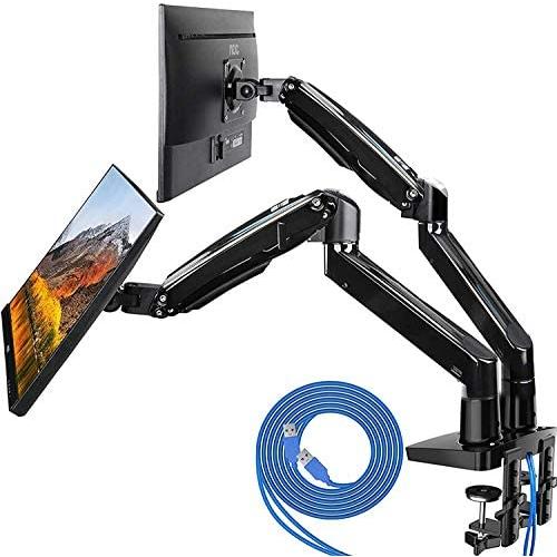 HUANUO Dual Monitor Mount Stand - Long Double Arm Gas Spring Monitor Desk Mount for 2 Screens 22 to 35 Inch Height Adjustable VESA Bracket with Clamp, Grommet Base -Each Arm Hold up to 26.4 lbs