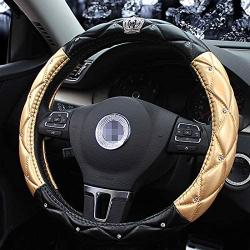 Queens Car Steering Wheel Cover with Noble Crown + Bling Diamond + Exquisite Lattice Design Auto Stylish Elegant Collection Accessories Universal 15''/38cm (Gold - Black)