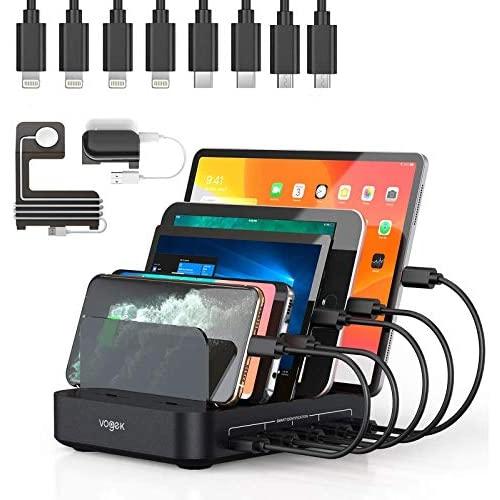 Vogek 50W Charging Station for Multiple Devices, 5 USB Fast Ports with 8 Short Mixed Cables Watch & Airpod Stand Included for Cell Phones, Smart Phones, Tablets, iWatch, Airpods -Black