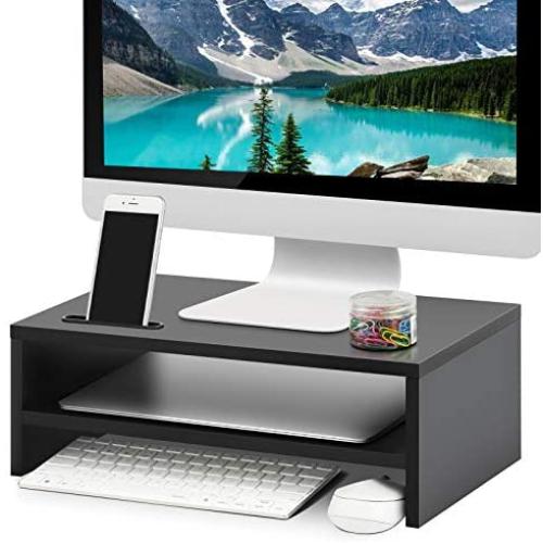 Marbrasse Monitor Stand Riser, 16.5 Inch 2 Tier Computer Monitor Stand, Printer Shelf Stand for Laptop Computer Screen Storage, Desktop Organizer with Phone Holder and Cable Management Black