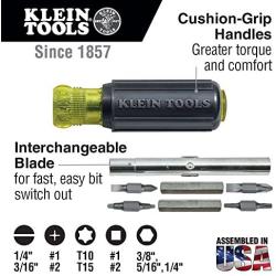 Klein Tools 32500 Multi-Bit Screwdriver/Nut Driver 11-in-1 Multi Tool, 8 Industrial Strength Bits