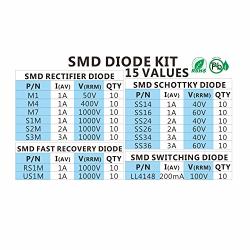 Chanzon SMD Fast Switching/Schottky/Rectifier Diode Assorted Kit (15 Values Total 150pcs: M1 M4 M7 S1M S2M S3M SS14 SS16 SS24 SS26 SS34 SS36 RS1M US1M LL4148) Electronic Component Assortment Set