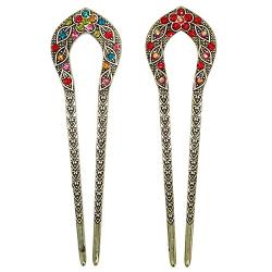 2 Pcs Vintage Hair Stick, Crystal Rhinestone Double Prong Hair Pin Stick Hairstyle Chignon Hairpin