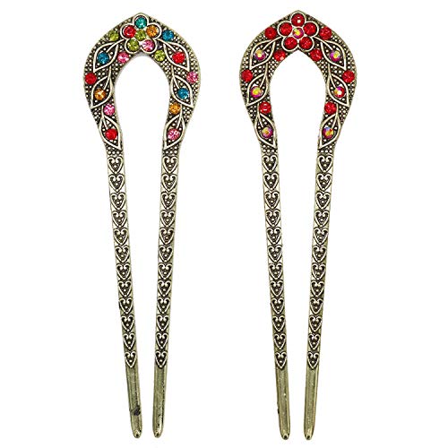 2 Pcs Vintage Hair Stick, Crystal Rhinestone Double Prong Hair Pin Stick Hairstyle Chignon Hairpin
