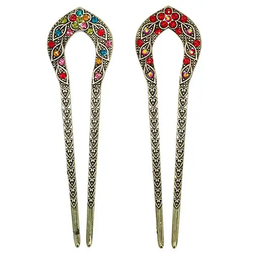 2 Pcs Vintage Hair Stick, Crystal Rhinestone Double Prong Hair Pin Stick Hairstyle Chignon Hairpin 2 Pcs Vintage Hair Stick, Crystal Rhinestone Double Prong Hair Pin Stick Hairstyle Chignon Hairpin