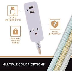 Cordinate Designer 1-Outlet 2-USB Charging Extension Cord with Surge Protection, Brown Braided Décor Fabric Cord, 10 ft, 2.4A USB Charging Ports, with Tamper Resistant Safety Outlets, 37919