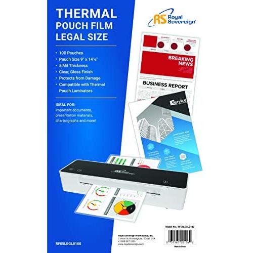 Royal Sovereign Thermal Laminating Pouches, 5 Mil, Legal Size 14.25'' x 8.75'' Inches, Clear Gloss, 100 Pouches (RF05LEGL0100)
