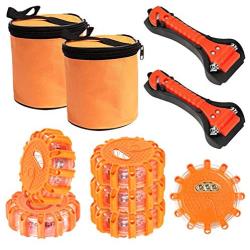 SHINESTAR 6-Pack Roadside Safety Discs, LED Road Flares with Safety Hammer, Batteries and Storage Bag included, Flare Kit Emergency for Vehicles, Truck, Car