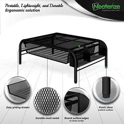 NEATERIZE Monitor Stand for Desk - Metal Monitor Stand Riser and Laptop Desk Stand with Organizer - Desktop Computer Stand and Monitor Riser Stand for Desk with Drawer - Improves Airflow - (Black)