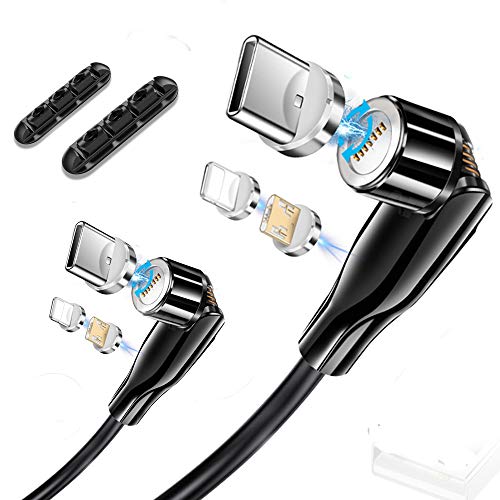 FEIKU 360°& 180°Rotation 3 in 1 Magnetic Data Cable, 3A Fast Data Transfer USB Magnetic Cable, 360 Magnetic Charging Cable with Micro USB I-Product and Type C Smartphones (Black(2-Pack,3.3ft,6.6ft))