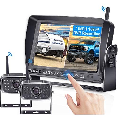 DoHonest V23 HD 1080P Digital Wireless Dual Backup Camera 7 DVR Split Screen Monitor Kit High-Speed Rear Observation System for Trailer,RV,Truck IR Night Vision IP69K Waterproof