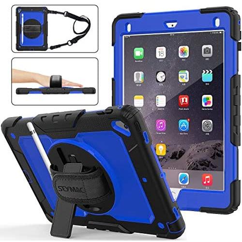 SEYMAC stcok Case for iPad 6th/5th Generation, Shock-Proof [Full-Body] Case with 360 Degrees Rotating Stand [Pencil Holder] [Screen Protector] Hand Strap for iPad 6th/5th/ Air 2/ Pro 9.7 (Blue+Black)