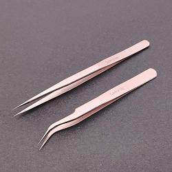 Lashd Up 2 Pcs Stainless Steel Tweezers for Eyelash Extensions, Straight and Curved Tip Tweezers Nippers, False Lash Application Tools, Dark Gold