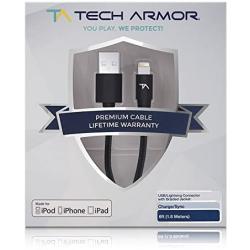 Tech Armor Apple MFi Certified Lightning Cable to USB A - 6FT Black - Tough-Braided Extra-Strong Jacket - Sync/Charge iPhone & iPad