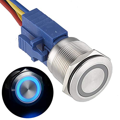 APIELE 22mm Latching Push Button Switch 12V Angel Eye Ring Light LED Waterproof Stainless Steel Round Metal Self-Locking 7/8 1NO 1NC (Blue)