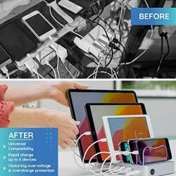 Hercules Tuff Charging Station for Multiple Devices, with 6 USB Fast Ports and 6 Short Mixed USB Cables Included for Cell Phones, Smart Phones, Tablets, and Other Electronics, Silver