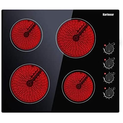Electric Cooktop, Built-in Ceramic Cooktop Hard Wired, 220-240V Electric Stove Top with 4 Burners, 9 Heating Level, Knob Control, Auto Shut Down Protection