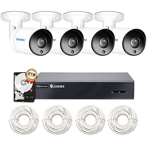 AIHOWS 5Mp PoE Home Security Camera System with 4 IP Surveillance Cameras, 8CH H.265 NVR Home Surveillance Video System Cover 2TB HDD for 24/7 Sound & Video Recording