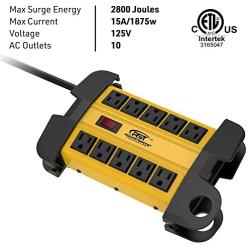 CRST 10-Outlets Heavy Duty Power Strip Metal Surge Protector with 15 Amps, 15-Foot Power Cord 2800 Joules for Garden, Kitchen, Office, School, ETL Listed(3165047) (10-Outlet, Yellow)