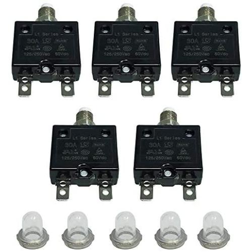 IZTOSS 5PCS 30Amp Circuit Breakers with manual reset Waterproof Button transparent Cover DC50V AC125-250V with Quick Connect Terminals