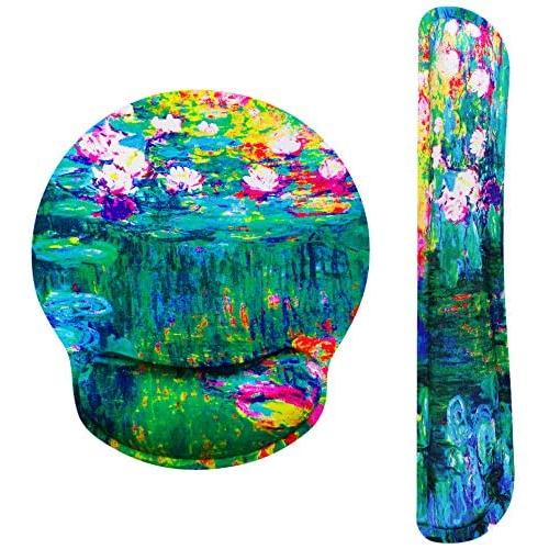 Claude Monet Water Lilies VI Ergonomic Design Mouse Pad with Wrist Rest Hand Support and Keyboard Support. Round Large Mousing Area. Mouse Pad and Keyboard Pad for Laptop, PC Computer & Mac.