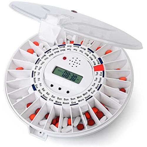 LiveFine Automatic Pill Dispenser, 28-Day Electronic Medication Organizer with Alarm Reminders, Flashing Light and Safety Lock - Dispenses Prescriptions Up to 6 Times Per Day - Clear Lid
