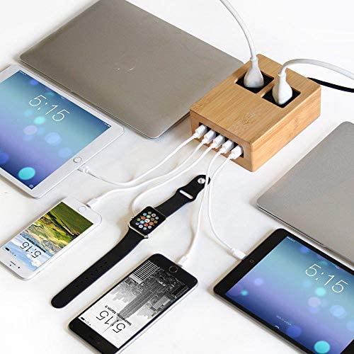 Power Hub 5 USB + 2 AC Charging Station | Built in Surge Protection | Attractive Dependable Table Side Charging Hub | Bamboo | Set of 4 Short Cords (Lightning)