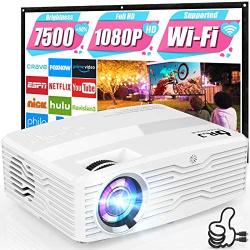 WiFi Projector, Full HD Native 1080P Projector 7500Lumens LCD Projector for Outdoor Movies, Wireless Mirroring/4K/Smartphone/TV Stick/HDMI/USB Supported [Portable Projector Screen Included]