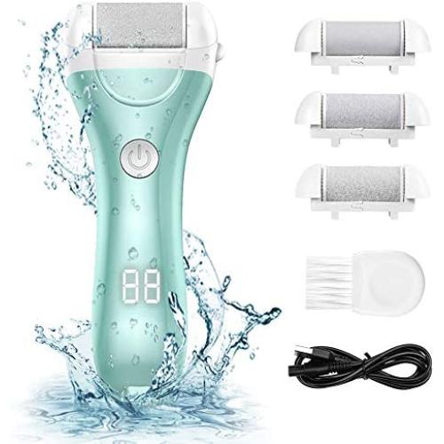 Electric Callus Remover, RUEOO Rechargeable Electronic Feet File Hard Skin Remover IPX7 Waterproof Pedicure Tool for Cracked Heels and Dead Skin, with 3 Coarse Roller Heads Foot Rasp