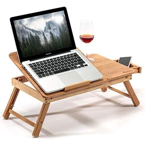 HANKEY Bamboo Large Foldable Laptop Notebook Stand Desk with Height Adjustable Legs Drawer Cup Holder,Bed Table Serving Tray for Eating Breakfast, Reading Book, Watching Movie on iPad