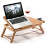 HANKEY Bamboo Large Foldable Laptop Notebook Stand Desk with Height Adjustable Legs Drawer Cup Holder,Bed Table Serving Tray for Eating Breakfast, Reading Book, Watching Movie on iPad
