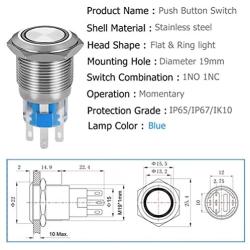 Quentacy Momentary Push Button Switch 1NO1NC Waterproof Silver Stainless Steel Shell 12V LED Ring Switch with Wire Socket Plug Suitable for 19mm 3/4 Mounting Hole (Blue)