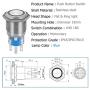 Quentacy Momentary Push Button Switch 1NO1NC Waterproof Silver Stainless Steel Shell 12V LED Ring Switch with Wire Socket Plug Suitable for 19mm 3/4 Mounting Hole (Blue)