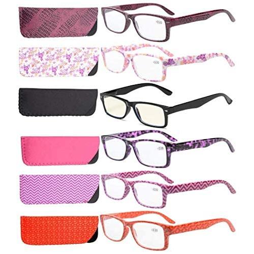 Eyekepper 6-Pack Spring Hinges Patterned Rectangular Reading Glasses Include Computer Readers Women +2.5