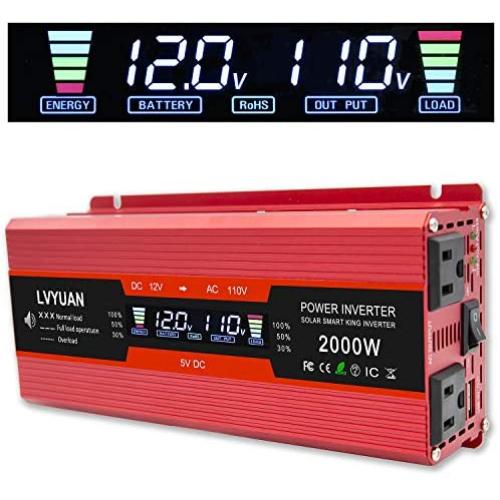 Cantonape 1000W/2000W(Peak) Car Power Inverter DC 12V to 110V AC Converter with LCD Display Dual AC Outlets and Dual USB Car Charger for Car Home Laptop Truck (Red)
