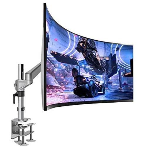 AVLT Single 13''-32'' Monitor Arm Desk Pole Mount fits One Flat/Curved/Ultrawide Monitor Full Motion Height Swivel Tilt Rotation Adjustable Monitor Arm - Silver/VESA/Heavy-Duty C-Clamp/Cable Management