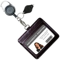Genuine Leather ID Badge Holder with Heavy Duty Carabiner Retractable Reel, Key Ring and Metal Clip, 2 Card Pockets. Holds Multiple Cards & Keys. Key Chain Flashlight. Horizontal. Espresso Brown