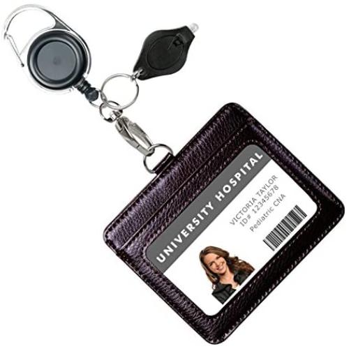 Genuine Leather ID Badge Holder with Heavy Duty Carabiner Retractable Reel, Key Ring and Metal Clip, 2 Card Pockets. Holds Multiple Cards & Keys. Key Chain Flashlight. Horizontal. Espresso Brown